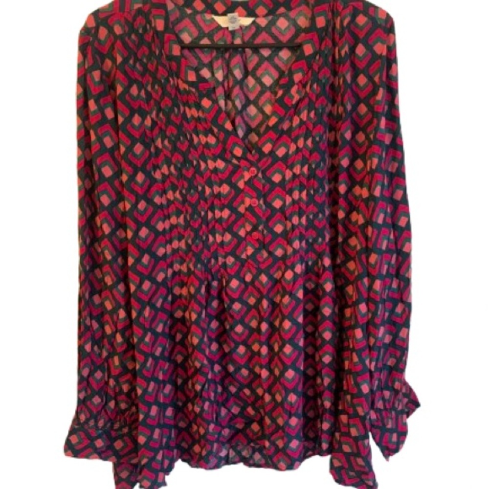 Terra & Sky Pink and Black Geometric V-Neck Blouse Plus Size 2X